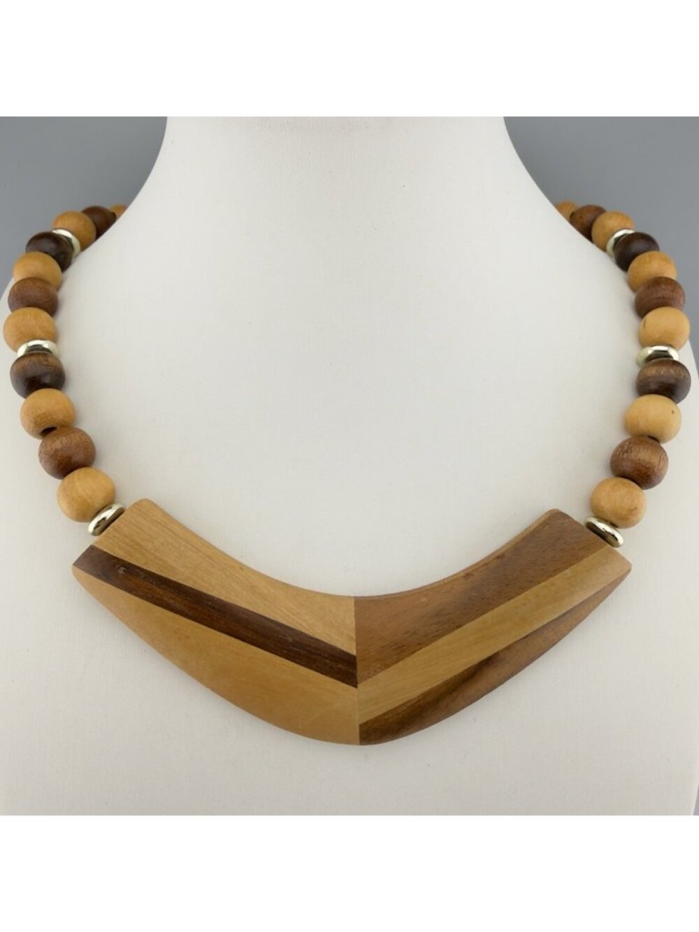 Wood Beaded Necklace Inlaid Geometric Chevron Pendant Boho Artisan Statement 18”